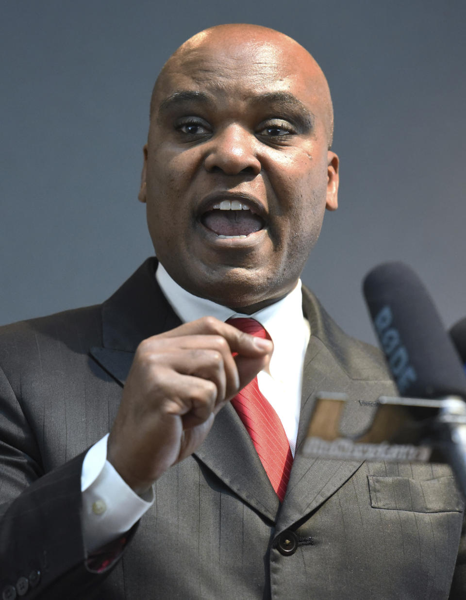 Attorney Cannon Lambert talks Tuesday, Nov. 5, 2019 about some changes he would like to see Buffalo Wild Wings make after a multiracial group of customers was mistreated at a Naperville, Ill. restaurant. (Paul Valade/Daily Herald via AP)/Daily Herald via AP