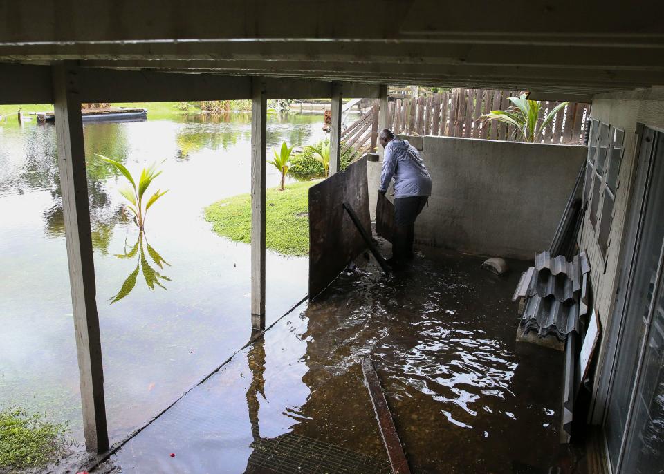 Water is flooding the basement of the mobile home Melvin Phillips rents Wednesday, Sept. 28, 2022, at Fork River Estates in Martin County. A possible tornado touched down in the community Tuesday night.