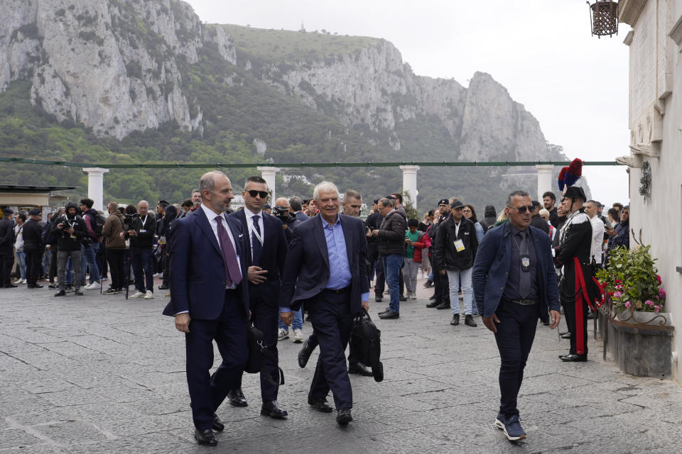 European Union foreign policy chief Josep Borrell arrives for the G7 Foreign Ministers meeting, on the Island of Capri, Italy, Wednesday, April 17, 2024. Group of Seven foreign ministers are meeting on the Italian resort island of Capri, with soaring tensions in the Mideast and Russia's continuing war in Ukraine topping the agenda. The meeting runs April 17-19. (AP Photo/Gregorio Borgia)