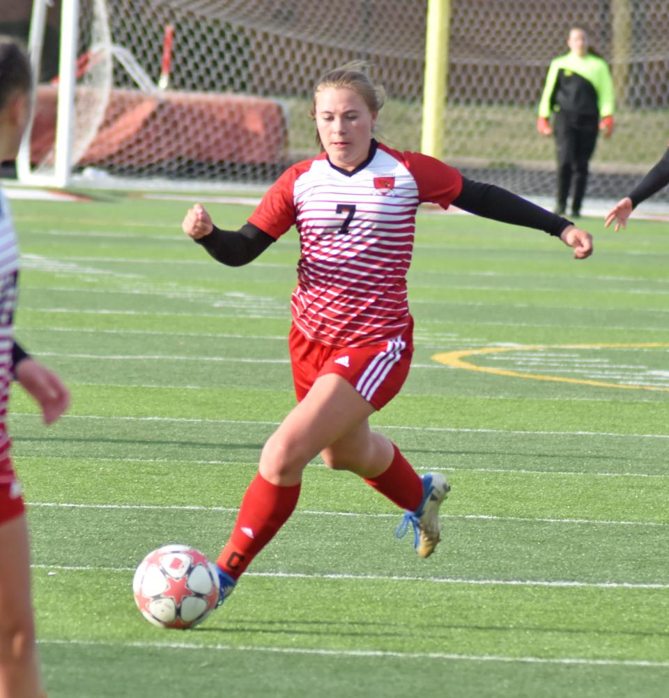 Coldwater's Cara Miller, shown here in action last year, led the Cardinals with two goals scored along with teammate Katie Odell