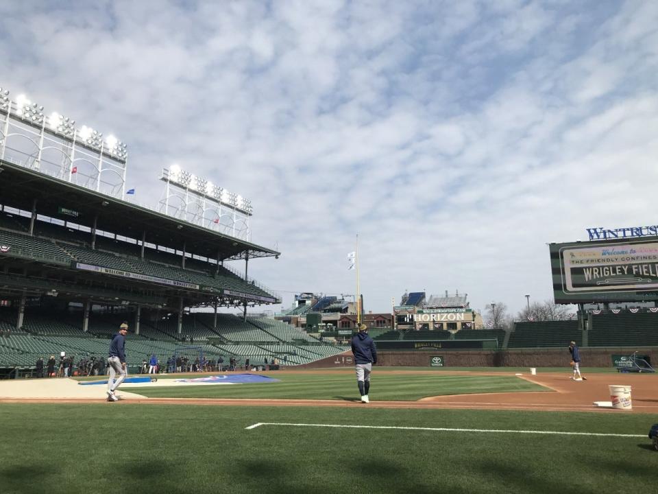 Wrigley Field before the 2023 season opener featuring the Milwaukee Brewers and Chicago Cubs (March 30, 2023).