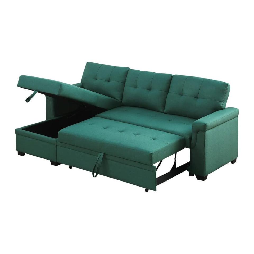 Lilola Home Lucca Green Linen Reversible Sleeper Sectional Sofa with Storage Chaise