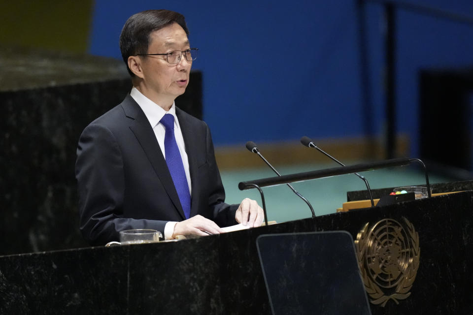 Chinese Vice President Han Zheng addresses the 78th session of the United Nations General Assembly, Thursday, Sept. 21, 2023 at United Nations headquarters. (AP Photo/Mary Altaffer)