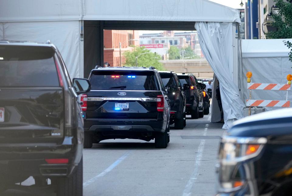 The motorcade arrives at the Pfister Hotel along North Jefferson Street for President Trump’s arrival in Milwaukee on Sunday, July 14, 2024.