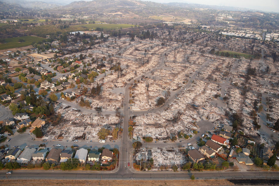 <p>An aerial view of properties destroyed by the Tubbs Fire is seen in Santa Rosa, Calif., Oct. 11, 2017. (Photo: Stephen Lam/Reuters) </p>