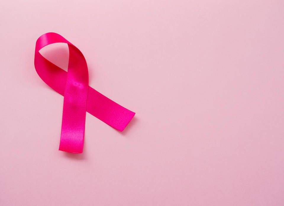 A pink ribbon on a pastel pink background. Breast cancer concept. In Canada, the five-year net survival for breast cancer in women is 89 per cent. (Getty)