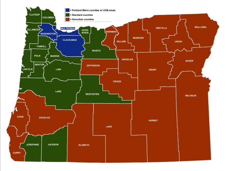 Un mapa de Oregón muestra los condados estándar, el área metropolitana de Portland y los condados no urbanos, que tienen diferentes salarios mínimos según la legislación de 2016.