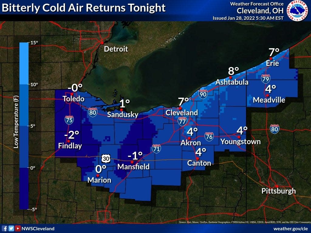 The National Weather Service has issued a wind chill advisory from 1 a.m. to 10 a.m. for northern Ohio.