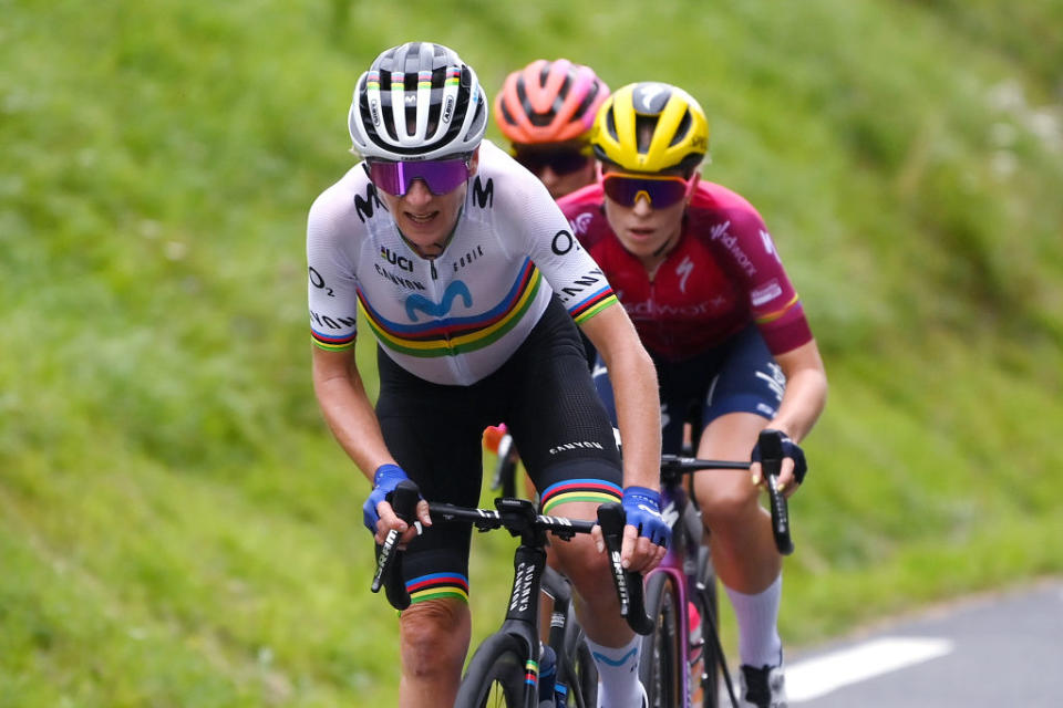 COL DU TOURMALET FRANCE  JULY 29 EDITORS NOTE Alternate crop Annemiek Van Vleuten of The Netherlands and Movistar Team Demi Vollering of The Netherlands and Team SD Worx  Protime  Pink UCI Womens WorldTour Leader Jersey and Katarzyna Niewiadoma of Poland and Team CanyonSRAM Racing compete in the breakaway during the 2nd Tour de France Femmes 2023 Stage 7 a 898km stage from Lannemezan to Col du Tourmalet 2116m  UCIWWT  on July 29 2023 in Col du Tourmalet France Photo by Alex BroadwayGetty Images