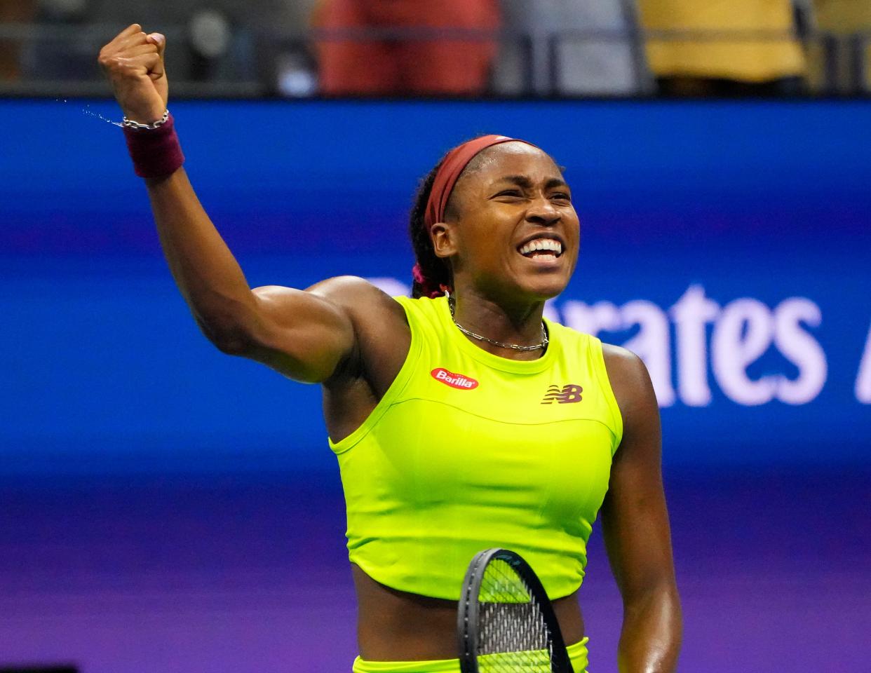 Sept 7, 2023; Flushing, NY, USA; Coco Gauff of the USA after beating Karolina Muchova of Czech Republic in a womenÕs singles semifinal on day eleven of the 2023 U.S. Open tennis tournament at USTA Billie Jean King National Tennis Center.