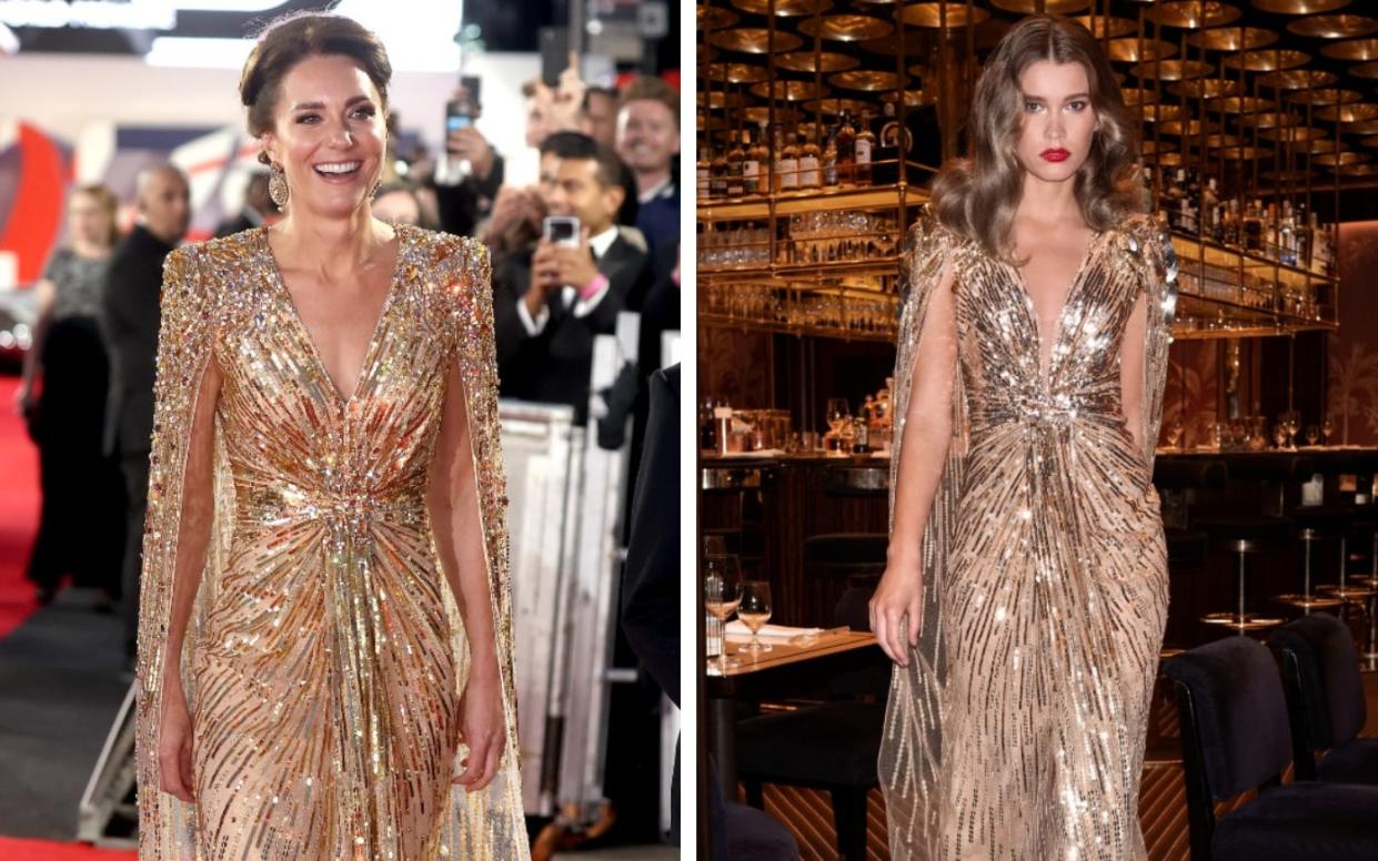 Right: the Duchess of Cambridge dazzling crowds at the No Time to Die premiere; left: the ‘Goldfinger’ dress from Jenny Packham’s James Bond collaboration - Getty / Jenny Packham x 007