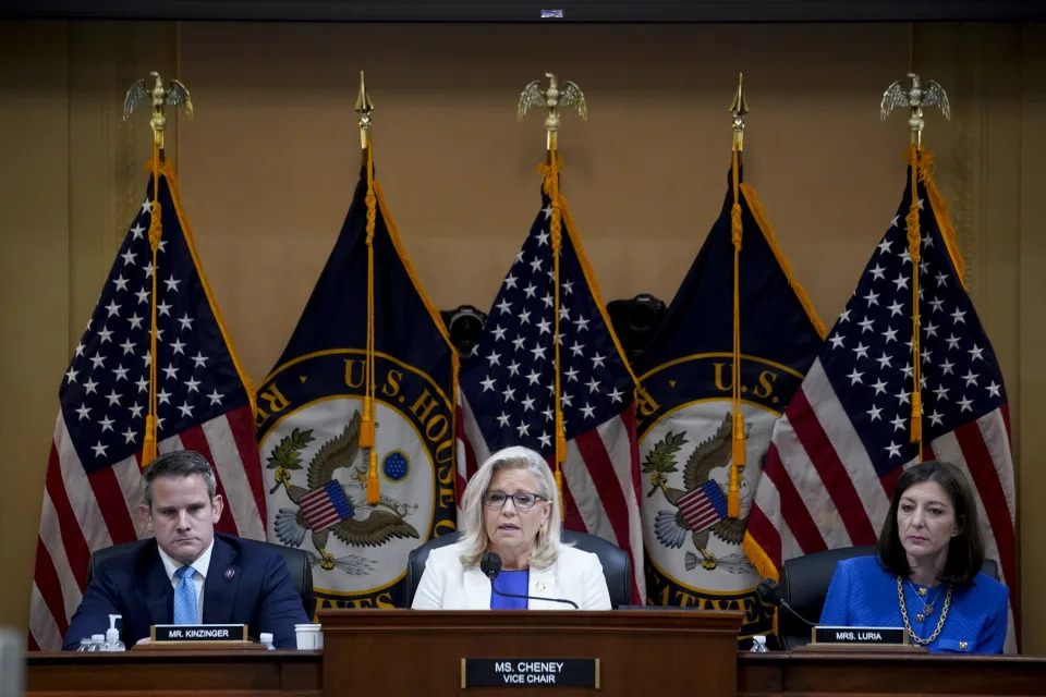 Representative Liz Cheney, a Republican from Wyoming, center, speaks during a hearing of the Select Committee to Investigate the January 6th Attack on the US Capitol in Washington, D.C., US, on Thursday, July 21, 2022. (Al Drago/Bloomberg via Getty Images)