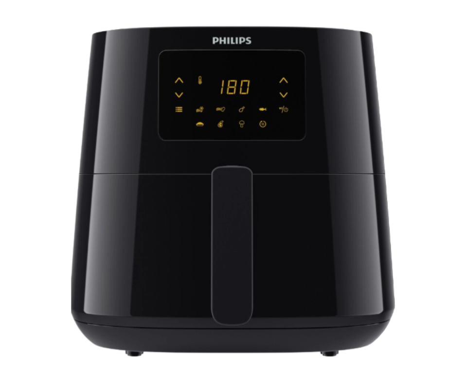 A black Philips' XL Air Fryer with a digital screen against a white background.