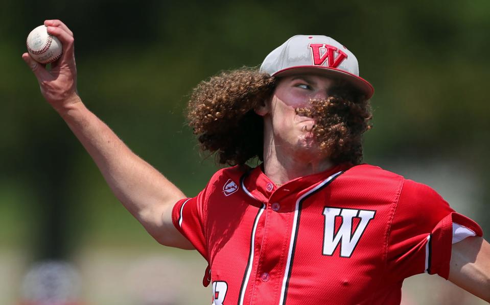 Wadsworth pitcher Finn Schmitt throws against the Walsh Jesuit Warriors during the second inning of a Division I regional semifinal baseball game, Thursday, June 1, 2023, in Oberlin, Ohio.