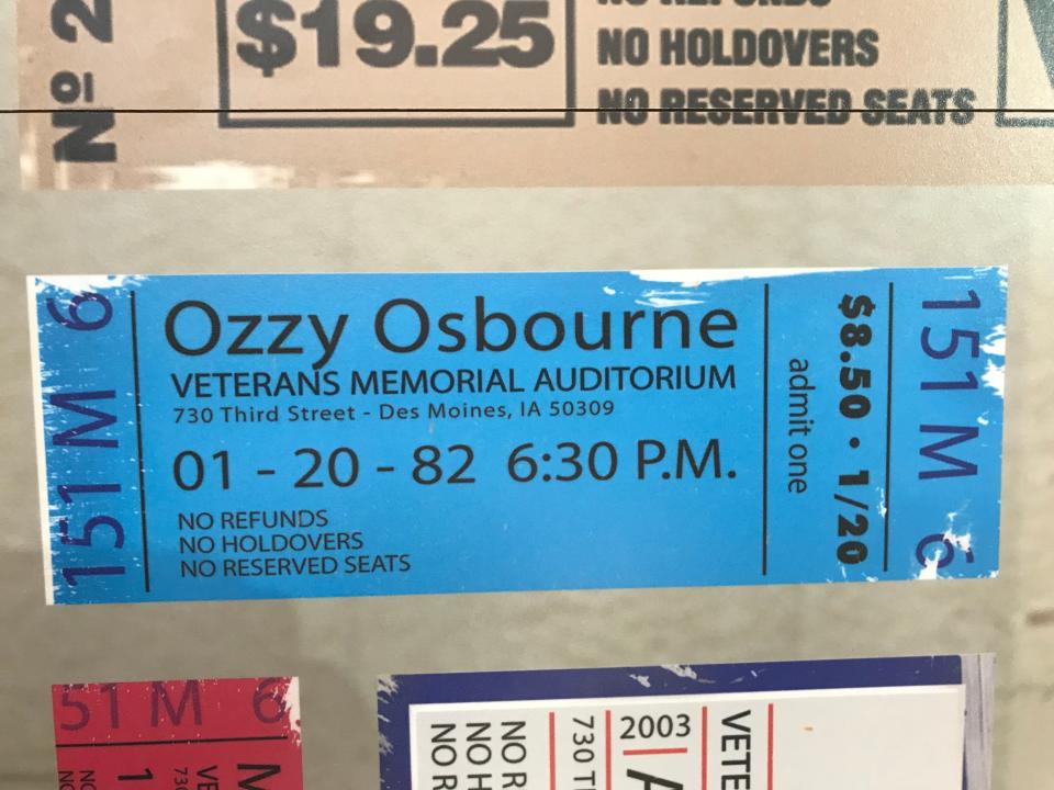 A replica ticket stub from an Ozzy Osbourne concert on Jan. 20, 1982, at Veterans Memorial Auditorium in Des Moines, Iowa. Osbourne infamously bit the head off a bat during the performance.
