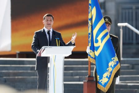 FILE PHOTO: Ukrainian President Volodymyr Zelenskiy delivers a speech during a ceremony to celebrate Ukraine's Independence Day, in Kiev