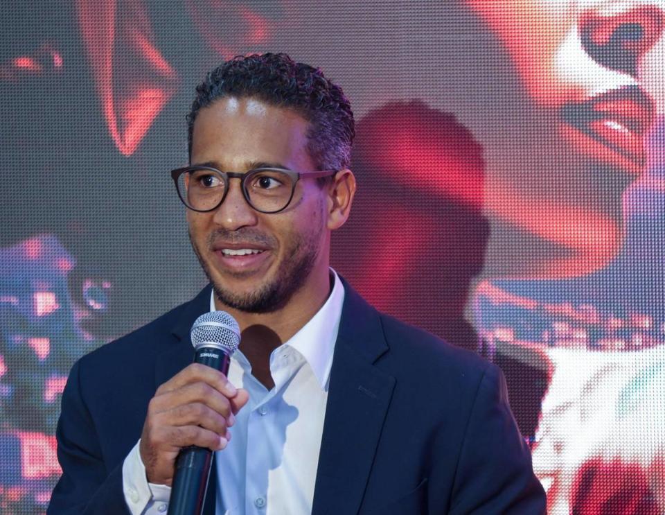 Sunrise Airways Special Project Manager Jonathan Bayard speaks during the Sunrise Airways press conference on Wednesday, October 4, 2023 at the Little Haiti Cultural Center Complex in Miami.