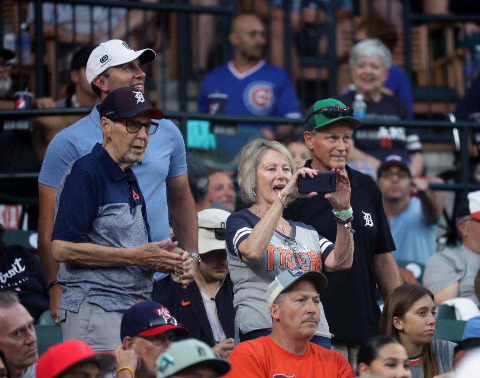 The family of Detroit Tigers center fielder Parker Meadows celebrate his first his first MLB hit against Chicago Cubs starter Javier Assad (72) during sixth-inning action at Comerica Park in Detroit on Monday, Aug. 21, 2023.