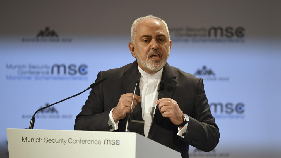 Iranian Foreign Minister Mohammad Javad Zarif speaks during the Munich Security Conference in Munich, Germany, Sunday, Feb. 17, 2019. (AP Photo/Kerstin Joensson)