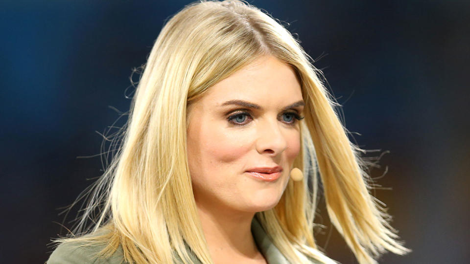 Seen here, Channel Nine sports presenter Erin Molan speaks during an NRL match.