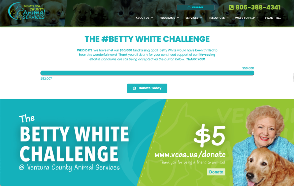 A screenshot of the Ventura County Animal Services website on Wednesday depicts a fundraiser thermometer showing $53,007 raised during the "Betty White Challenge."