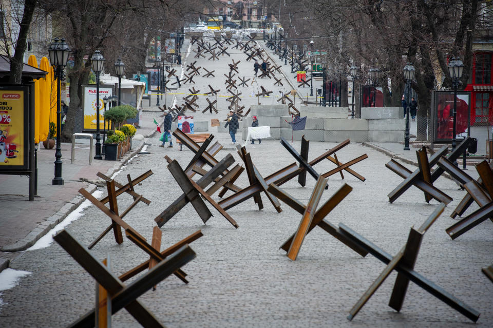 ODESSA, UKRAINE - MARCH 14: Anti-tank barriers line a street to protect historic landmarks in expectation of a Russian assault on the strategic Black Sea port city on March 14, 2022 of Odessa, Ukraine. Russia's three-prong invasion, started in late February, includes a southern advance along the Black Sea coast from Russian-occupied Crimea, including at some point an amphibious landing near Odessa. (Photo by Scott Peterson/Getty Images)