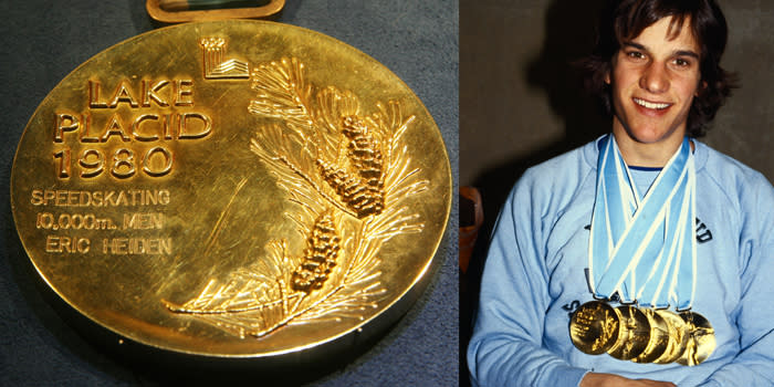 <p>A gold medal from the 1980 Olympics in Lake Placid, United States. It was given to Eric Heiden for winning the 10,000m Men’s Speed Skating event.<br>(AP Photo/Tina Fineberg; USA’s Eric Heiden with his record five gold medals/photo by Bettmann/Getty Images) </p>