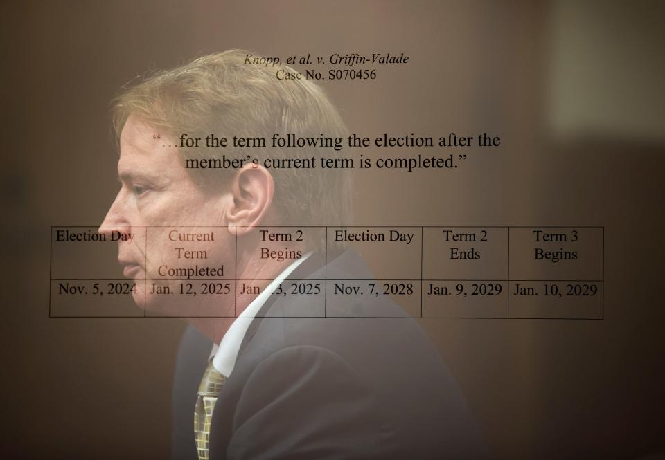 A double exposure shows Sen. Tim Knopp speaking after the Oregon Supreme Court ruling Thursday.