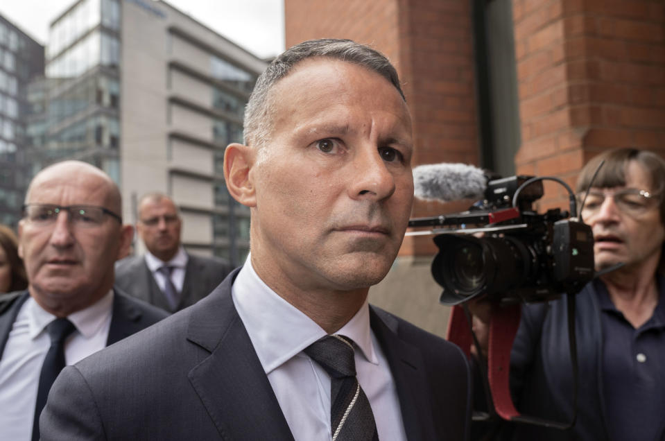 Former Manchester United star Ryan Giggs arrives at Manchester Minshull Street Crown Court, in Manchester, England, Monday Aug. 8, 2022. Giggs is set to go on trial Monday on charges of assault and use of coercive behavior against a former girlfriend. (Danny Lawson/PA via AP)