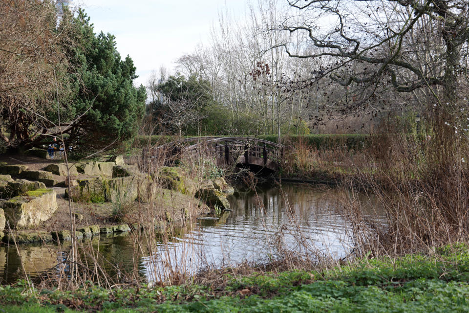 Park with a lake with a bridge across it