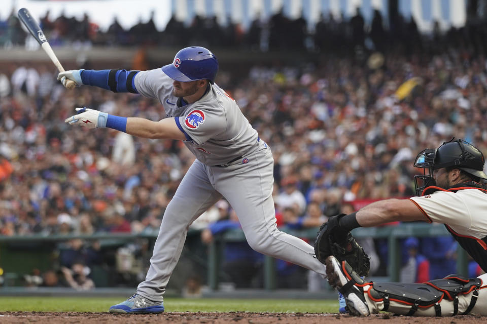 Chicago Cubs' Ian Happ strikes out against the San Francisco Giants during the third inning of a baseball game in San Francisco, Saturday, July 30, 2022. (AP Photo/Godofredo A. Vásquez)