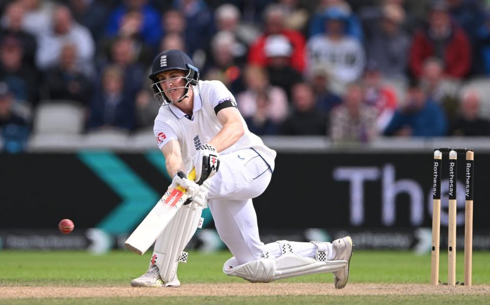 England batsman Harry Brook in batting action during day two of the First Test Match between England and Sri Lanka at Emirates Old Trafford on August 22, 2024 in Manchester, England