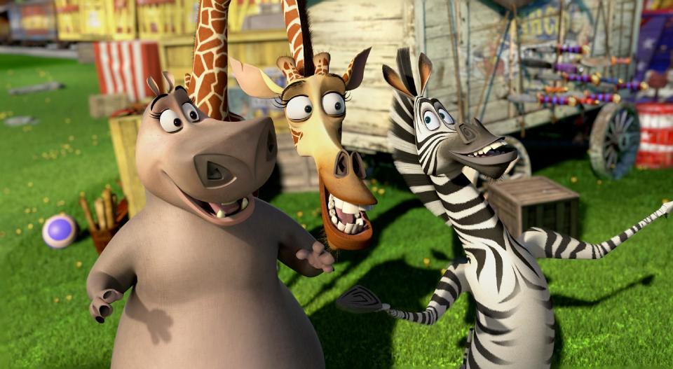 This film image released by DreamWorks Animation shows, Gloria the Hippo, voiced by Jada Pinkett Smith, left, Melman the Giraffe, voiced by David Schwimmer, center, and Marty the Zebra, voiced by Chris Rock, in a scene from "Madagascar 3: Europe's Most Wanted." (AP Photo/DreamWorks Animation - Paramount Pictures)