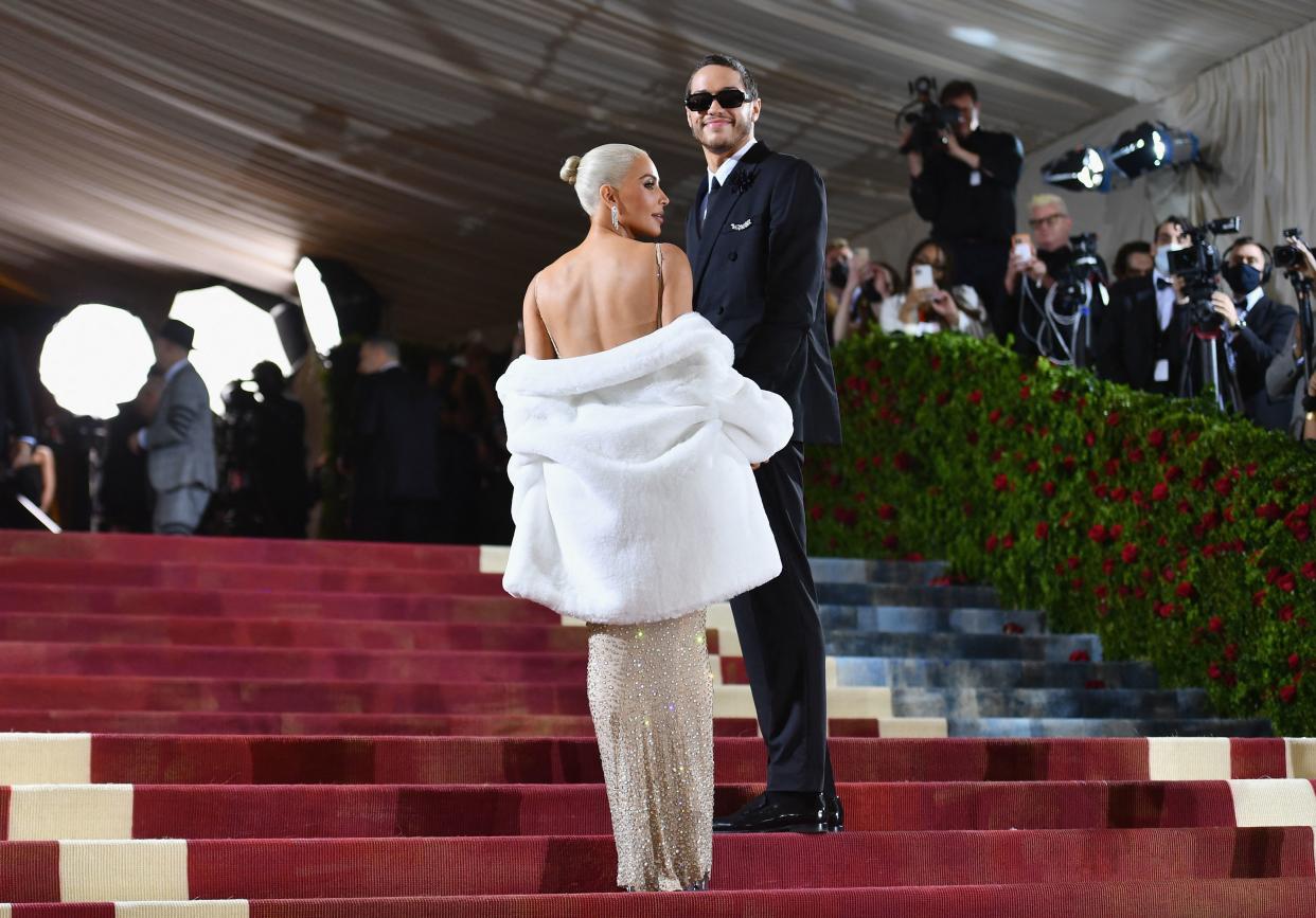 Kim Kardashian and comedian Pete Davidson arrive for the 2022 Met Gala at the Metropolitan Museum of Art, May 2, 2022, in New York. (Getty Images)