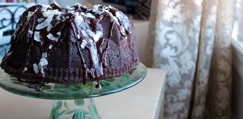 Chocolate Bundt Cake with Toasted Coconut Filling and Chocolate Ganache