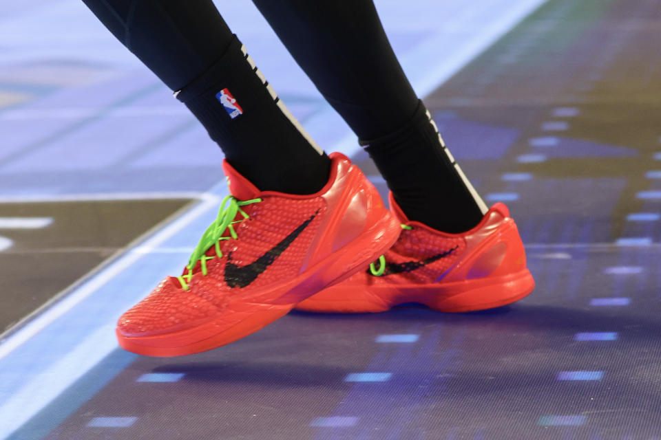 INDIANAPOLIS, INDIANA - FEBRUARY 17: A detailed view of the shoes worn by Myles Turner #33 of the Indiana Pacers during the 2024 Kia Skills Challenge during the State Farm All-Star Saturday Night at Lucas Oil Stadium on February 17, 2024 in Indianapolis, Indiana. NOTE TO USER: User expressly acknowledges and agrees that, by downloading and or using this photograph, User is consenting to the terms and conditions of the Getty Images License Agreement. (Photo by Stacy Revere/Getty Images)