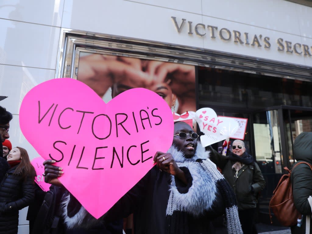 Men and women, some of them models, hold a demonstration outside of lingerie retailer Victoria's Secret on February 14, 2020 in New York City (Getty Images)