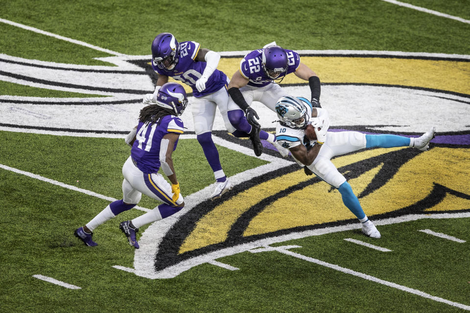 Carolina Panthers wide receiver Curtis Samuel (10) catches a pass over Minnesota Vikings strong safety Harrison Smith (22) on the Panthers last drive of an NFL football game in Minneapolis, Sunday, Nov. 29, 2020. (Jerry Holtz/Star Tribune via AP)