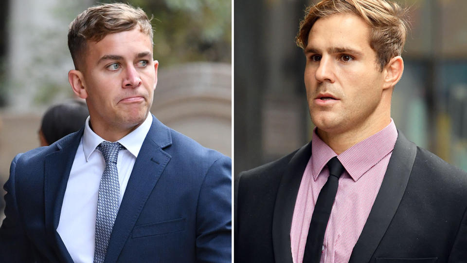 Pictured here, rugby league players Callan Sinclair and Jack de Belin at court.