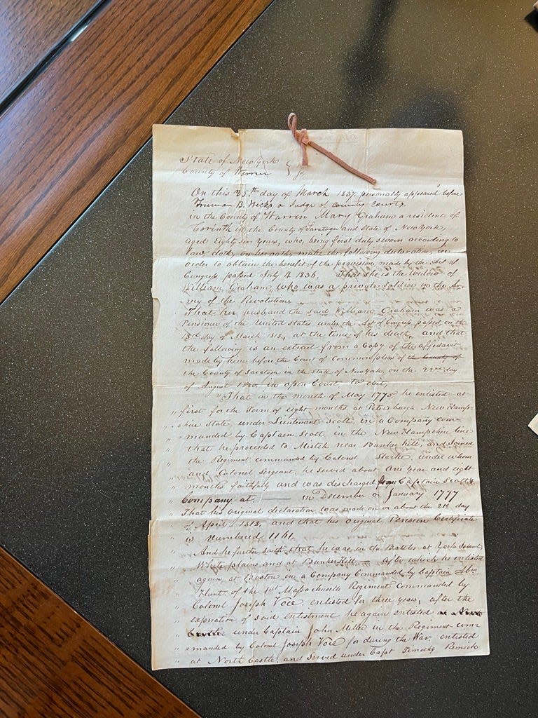 A pension application of the widow of William Graham, a veteran who fought at the Battle of Bunker Hill, one of the documents included in a current citizen archivist transcription mission.