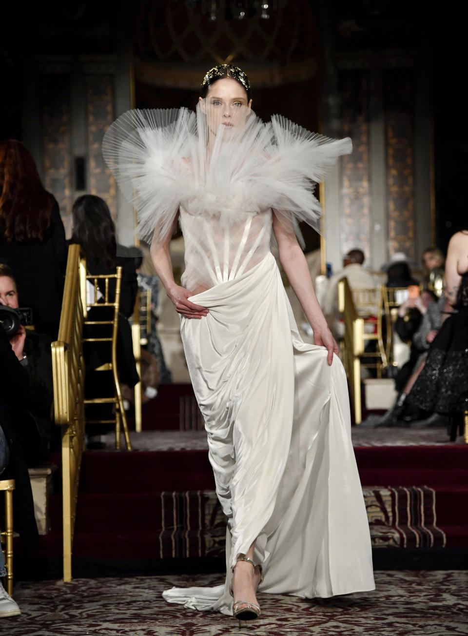 A model walks the runway during the Christian Siriano Fall/Winter 2024 fashion show at The Plaza Hotel during New York Fashion Week on Thursday, Feb. 8, 2024, in New York. (Photo by Evan Agostini/Invision/AP)