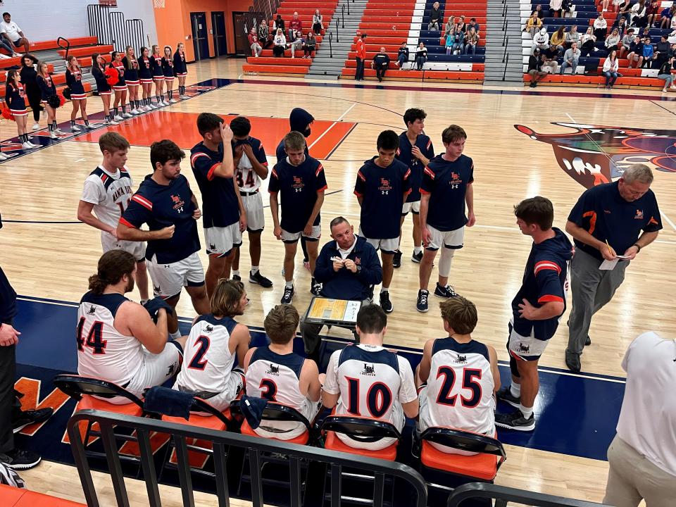 Lemon Bay boys basketball coach Sean Huber speaks with his team prior to the game against Cape Coral Ida Baker in the second and final day of the Ryon D. Provencher Shootout Dec. 21, 2021, at the Tom Catanzarite Court at Lemon Bay High.