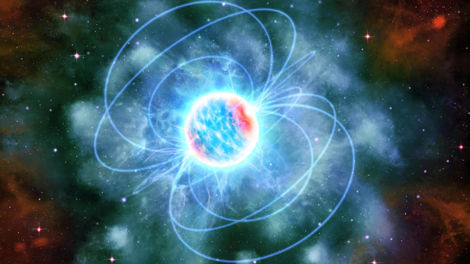 a flaming blue ball of light bordered with white, with red/pink poles. Blue loops of light shoot out in large arcs into the dusty space and back.