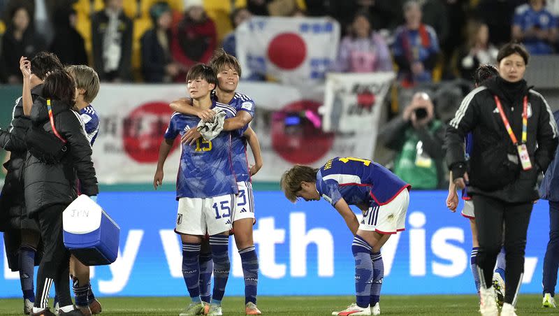 Japan’s players celebrate at the end of the Women’s World Cup Group C soccer match between Japan and Spain in Wellington, New Zealand, Monday, July 31, 2023. In addition to Japan’s spotless record in World Cup play, it is also getting noticed for leaving its locker room spotless.