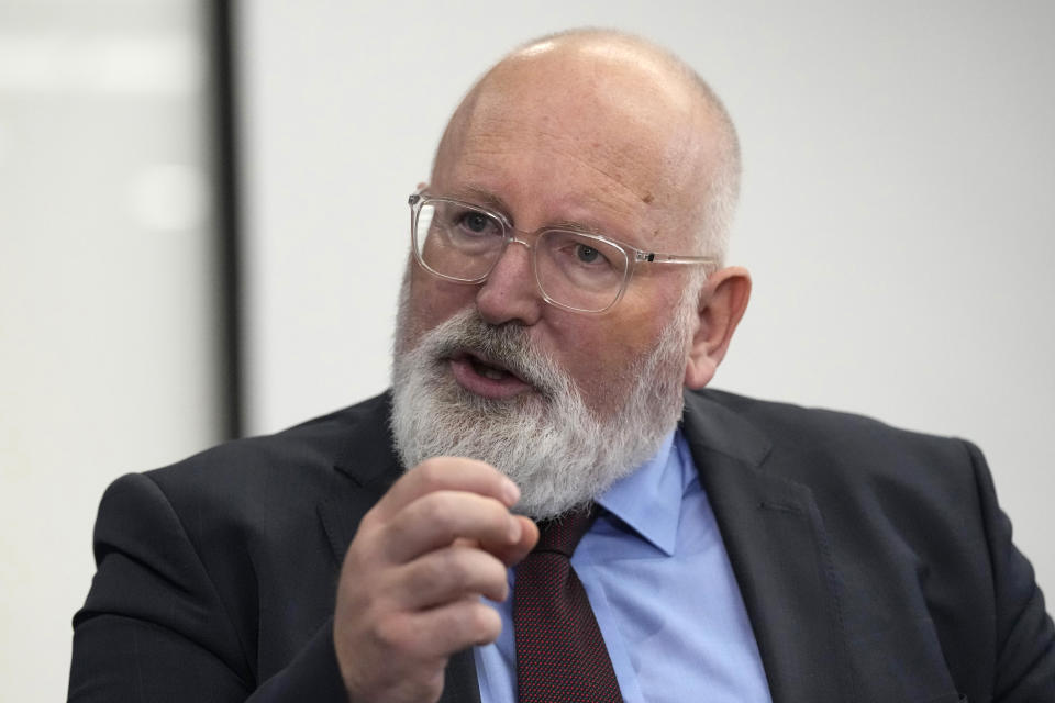 Executive Vice President of European Union Green Deal Frans Timmermans gestures as he speaks during an interview with The Associated Press in Jakarta, Indonesia, Monday, Oct. 18, 2021. Frans Timmermans, the Executive Vice President of the European Union Green Deal, told The Associated Press that developed nations have a responsibility to ensure no one gets left behind in the transition to greener economy that's needed in order to address the current climate crisis. (AP Photo/Dita Alangkara)