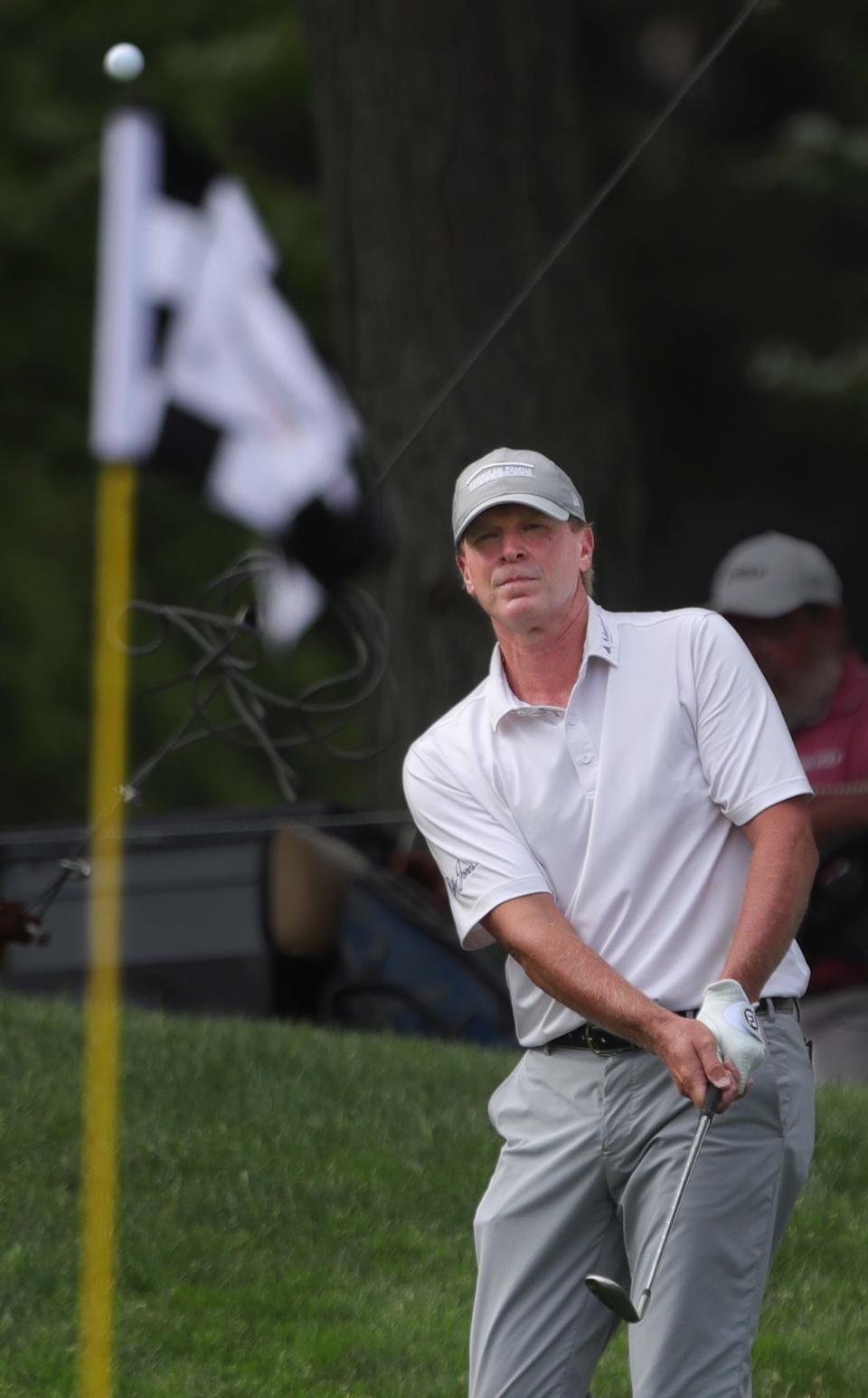 Steve Stricker watches his shot to the No. 16 pin during the third round of the Bridgestone Senior Players Championship at Firestone Country Club on Saturday, June 26, 2021, in Akron, Ohio.
