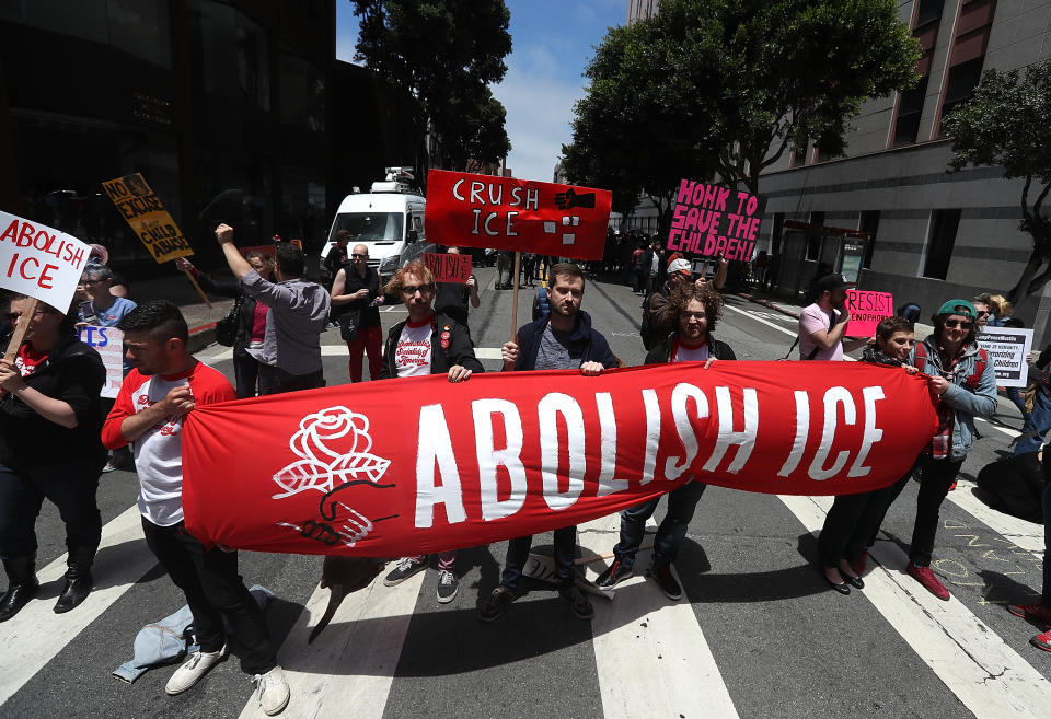 <span class="s1">Protesters block a street outside the San Francisco office of Immigration and Customs Enforcement on June 19. (Photo by Justin Sullivan/Getty Images)</span>