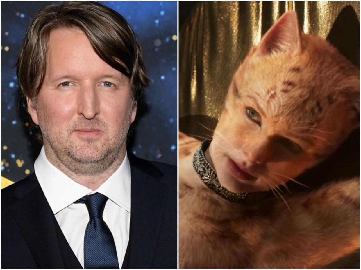 Tom Hooper at the New York premiere of Cats, and Taylor Swift in Cats: Angela Weiss/Getty Images/Universal Pictures