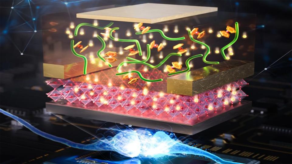 「氧化還原閘控」的技術用於調節電子載體並控制電子狀態。圖中的綠色線條代表執行氧化還原閘控的功能性分子。這項技術的低功耗特性類似於人腦中的突觸切換功能，如插圖底層的突觸所示。（圖／Argonne National Laboratory）