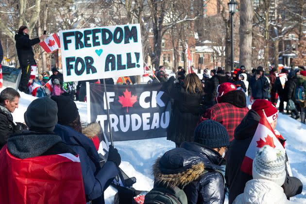 Demonstrators gather for a protest against COVID-19 vaccine mandates in downtown Toronto on February 5, 2022. (Photo: Anatoliy Cherkasov/NurPhoto via Getty Images)